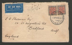 New Zealand 1938 cover to England tied 2 SG 587 9d stamps