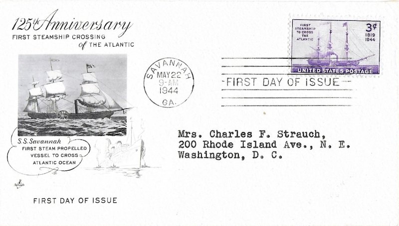 #923 FDC, 3c Steamship, Art Craft cachet - single/block of 4