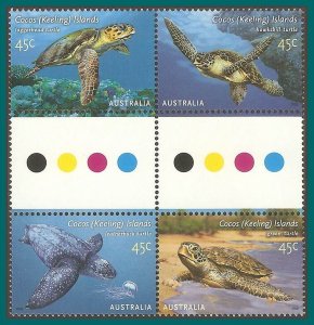 Cocos 2002 Turtles, gutter block, MNH #336,SG393a