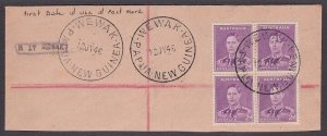 PAPUA NEW GUINEA 1946 piece Australia 2d block WEWAK cds first day of use..A8014