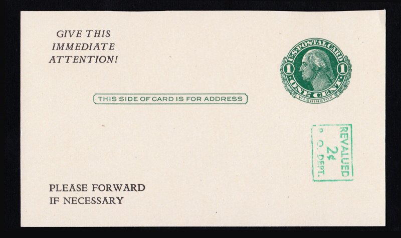 REVALUED POSTAL CARD 2¢ ON 1¢ GREEN SCOTT #UY14 PREPRINTED UNUSED 1952