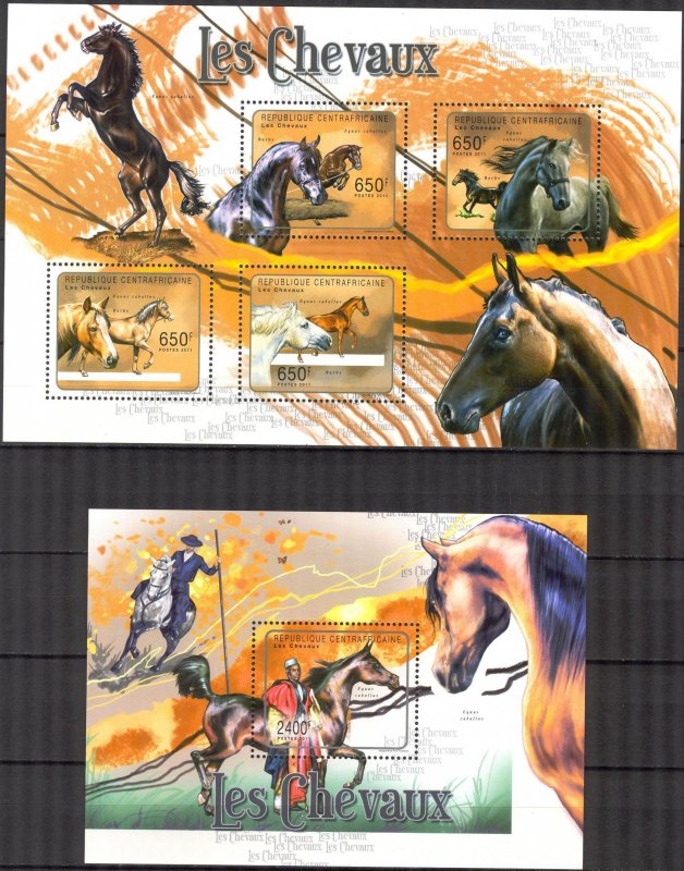 Central African Republic 2011 Horses Sheet + S/S MNH