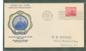 US 736 1934 3c Maryland Tercentenary on an addressed first day cover with a rice cachet.