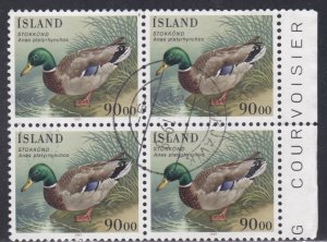 Iceland # 645, Birds, - Duck, Used Block of Four, 1/3 Cat.