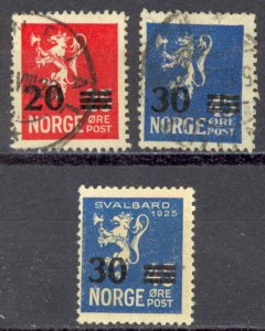 Norway Sc# 129-131 Used 1927-1928 surcharged Lion Rampant