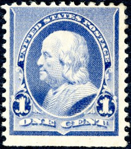 US #219 – 1890 1c Franklin, dull blue. Unused H OG F/VF.