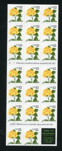 3049 Yellow Rose Booklet of 20 32¢ Stamps MNH 1996  Regular Size  Booklet Flat