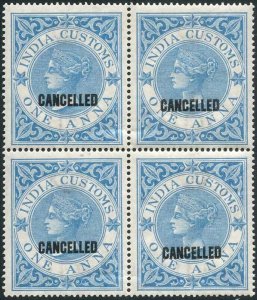 India 1a Customs Opt CANCELLED BF1 U/M BLOCK Colour Standard