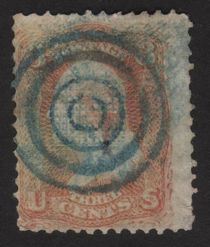 1867 US, 3c stamp, Used, George Washington, Sc 94, Blue cancel