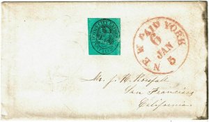 1854 New York, NY 6cts in red with Boyd's City Express 2c on cover to CA, 20L10