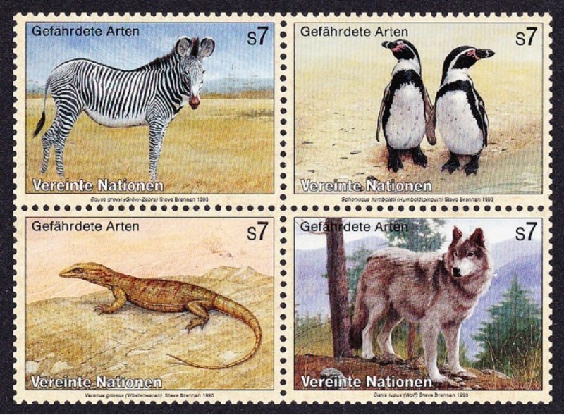 UN Vienna Birds Zebra Penguins Lizard Wolf 4v Block 2*2 1993 MNH SC#146a