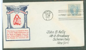 US 796 1937 3c virginia dare commemorative on an addressed with a first day cover with a kapner cachet