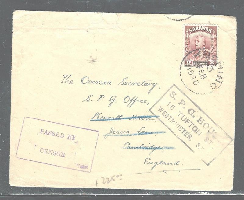 SARAWAK (PP2604B) 1940 BROOKE 8C CENSORED COVER TO ENGLAND