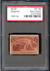 US SCOTT #236 MINT-XF-OG-NH GRADED 90 PSE ENCAPSULATED SMQ $350 (7/23/24 GP)