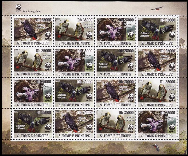 Sao Tome Birds WWF Grey Parrot Sheetlet of 4 sets MI#3777-3780 SALE BELOW FACE