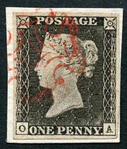 Penny Black (OA) Plate 1a Re-entry SUPERB Four Margins on piece