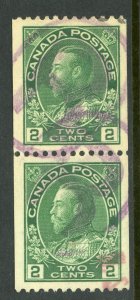 Canada 1924 KGV Admiral 2¢ Yel Green Coil Pair Perf 12 Scott #133 Pair VFU G196