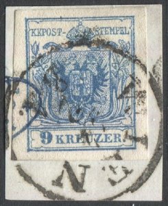 AUSTRIA 1850  9kr Sc 5e blue, Type III, MP Used on piece, WIEN cancel, VF