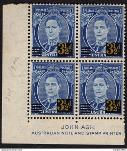 AUSTRALIA 1941 KGVI 3½d on 3d x 4 Bright Blue Block SG201 MNH with Bottom & ...