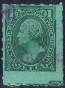 US RB11c Revenues Fine Used 1 Cent Rouletted 6, Part Imprint at Bottom