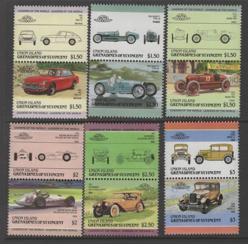 UNION ISLAND, 142-163 MNH CLASSIC CARS, PAIRS,  1985-1986