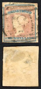 Victoria SG34 1/- (registered) Rose-pink and Blue (thin) Cat 200 pounds