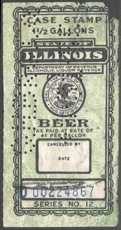 US ILLINOIS 1-1/2 Gallons Tax Paid Beer stamp, Series No. 12, perfin cancel