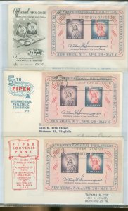 US 1075 1956 FIPEX souvenir sheet (3c & 8c Liberty) on three addressed first day covers with different cachets: Anderson, Artcra