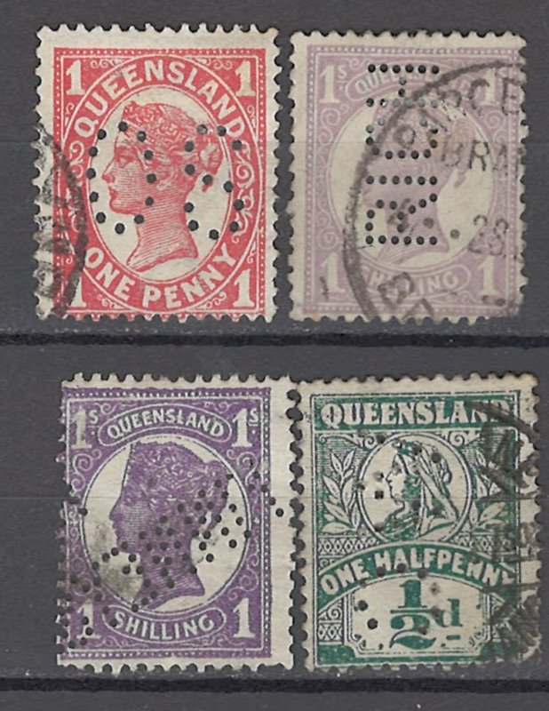 COLLECTION LOT OF #988 AUSTRALIAN STATES QUEENSLAND 4 STAMPS 1897+ PERFIN