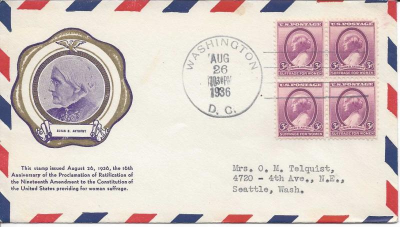 Catalog # 784 FDC First Day Cover 1936 Susan B Anthony Womens Suffrage Advocate