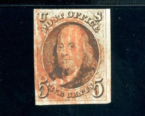 Scott 1 Used FVF US 1847 Franklin With Red Cancel