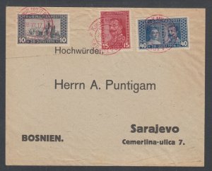 Bosnia & Herzegovina Sc B13-B15 on 1917 cover, red SARAJEVO Military cancels