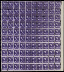 807, MNH 3¢ Misperforated Freak Error - Sheet of 100 Stamps - Stuart Katz