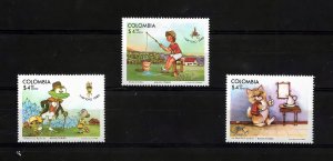 Colombia 1980 Sc#C692/C694 MUSHROOMS ANIMATION CAT/FROG/FISHING Set (3) MNH