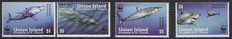 St. Vincent, Union Island #254a-d, MNH set, WWF shortfin Mako shark, issued 2002