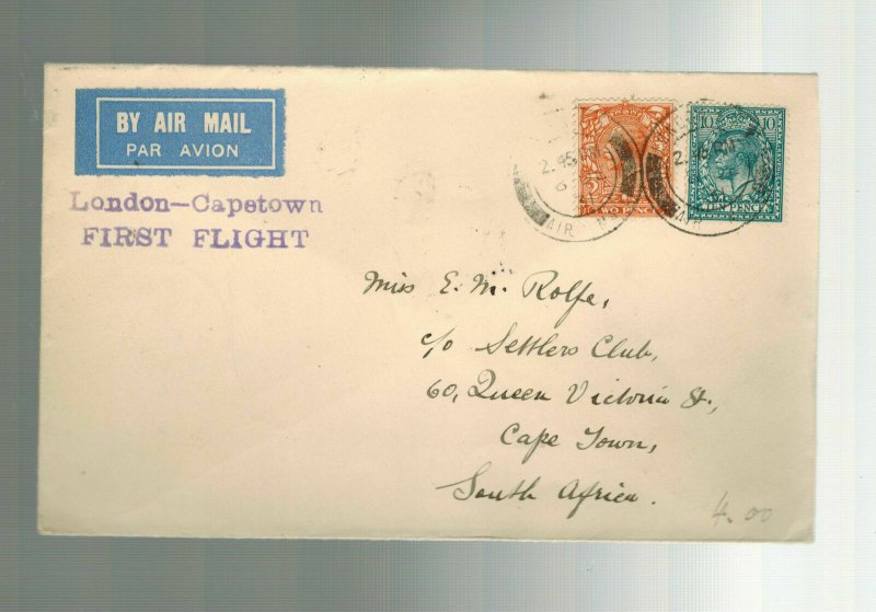 1931 England First Flight Cover FFC  Capetown South Africa via Imperial Airways