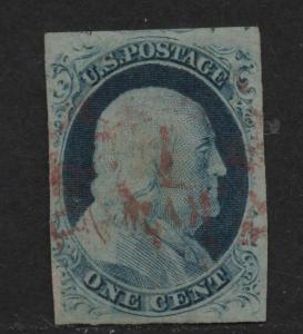 $US Sc#9 used, VF-XF, Pos 58R1L cracked plate red cancel, Cv. $180