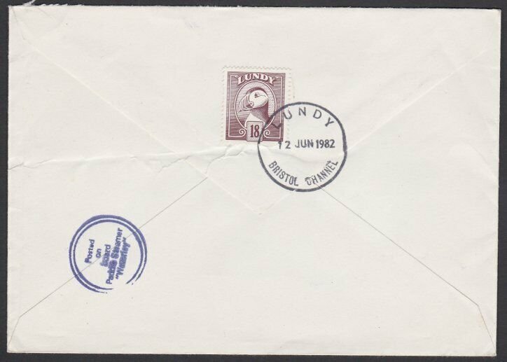 GB LUNDY 1982 cover - Puffin stamp POSTED ON WAVERLEY STEAMER...............F840