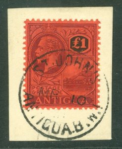 SG 61 Antigua 1921-29. £1 purple & black on red. Very fine used tied to piece...