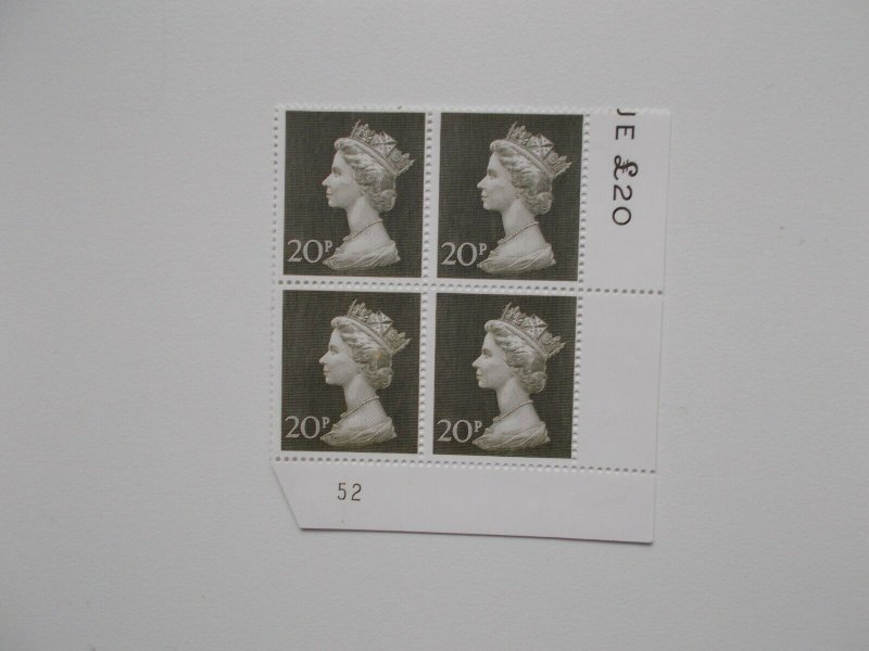 1970 20p Machin High Value in Plate Block of 4 (Plate 52) on Contractor's Paper