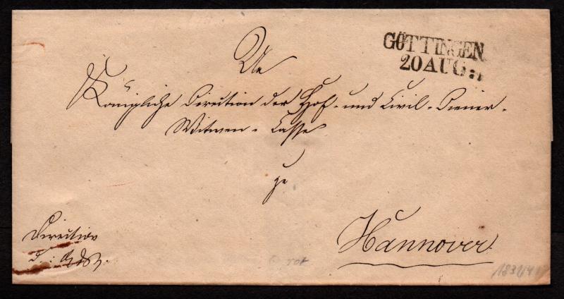 $German Stampless Cover, Gottingen-Hannover (~1839) red arrival date