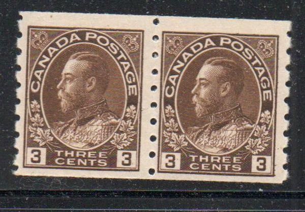 Canada Sc 129 1918 3 c brown G V Admiral coil stamp pair mint