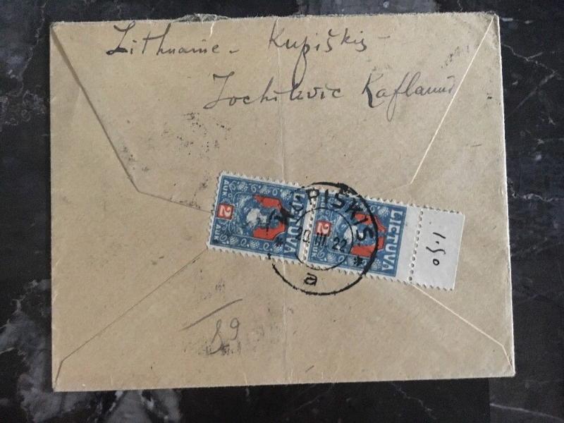 1922 Kupiskis Lithuania cover To Paris Francia Stamp #100