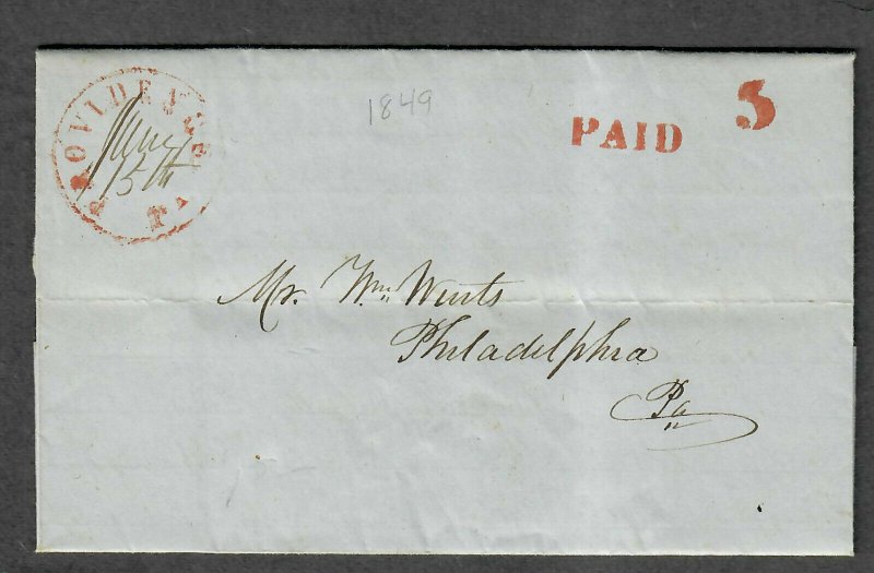 US Stampless Cover Providence PA June 15 1849 + Letter 