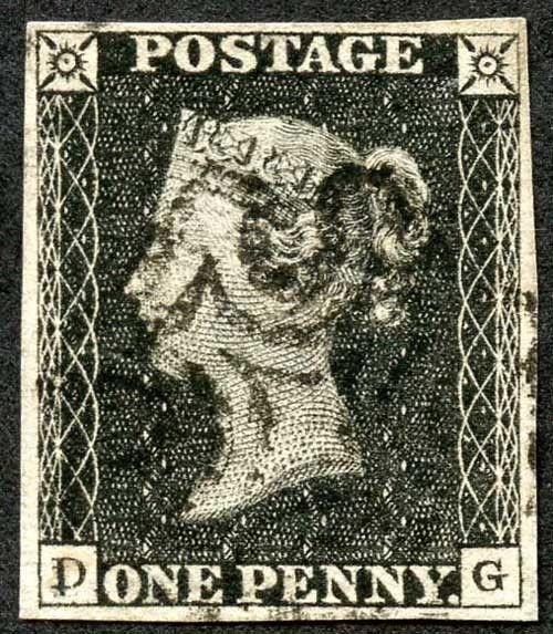 Penny Black (DG) Plate 2 Four Margins (light bend) Double Letter BLACK Cross