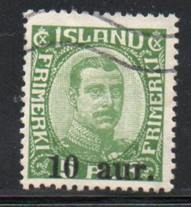 Iceland  Sc  139 1822 10 aur overprint on 5 aur Christian X stamp used