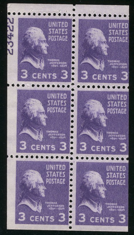 US #807a BOOKLET PANE with PLATE NUMBER, large 90% plate 23422, mint lightly ...