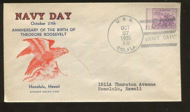 1935 USS Oglala Pearl Harbor Hawaii Navy Day Postal Cover