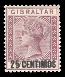Gibraltar #24a Cat$130, 1889 25c on 2p brown violet, small I variety, hinged