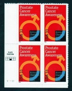 SCOTT  3315  PROSTATE CANCER  33¢  PLATE BLOCK OF 4  MNH